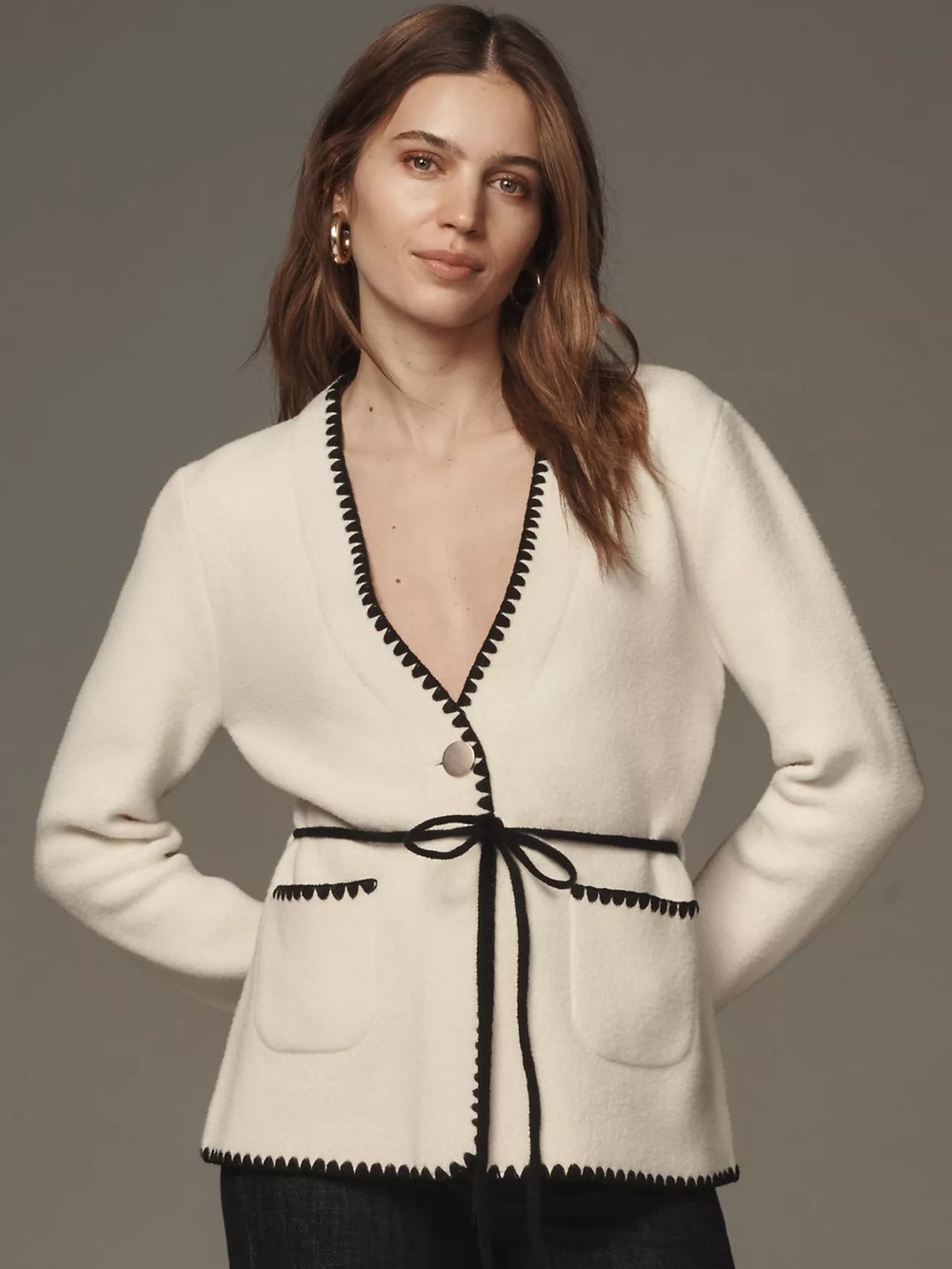 Anthropologie NVLT Whipstitch Knit Blazer Cream Black Belted Cardigan Size M New